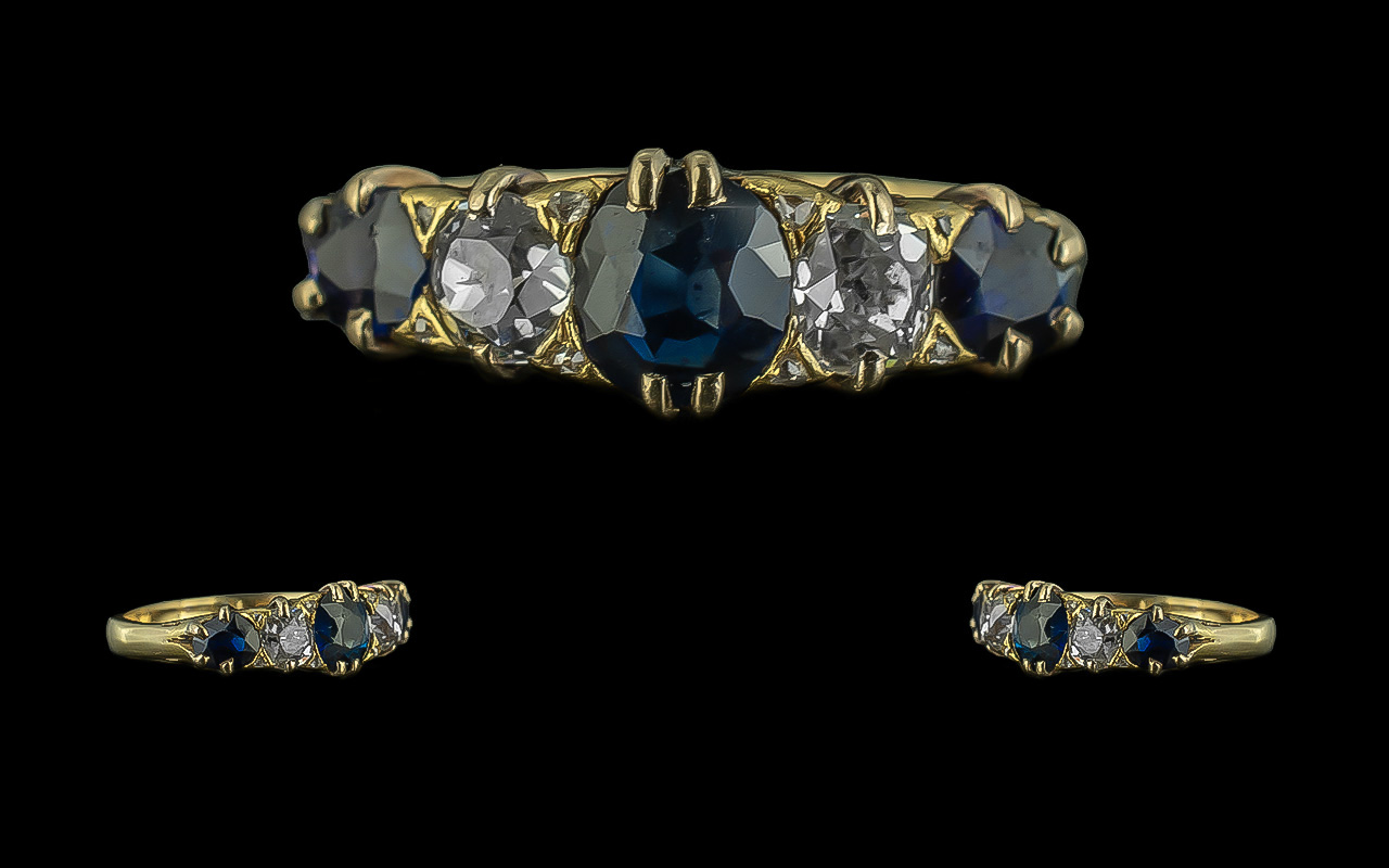 Ladies 18ct Gold Pleasing Quality 5 Stone Diamond and Sapphire Set Ring - Full Hallmark For 18ct