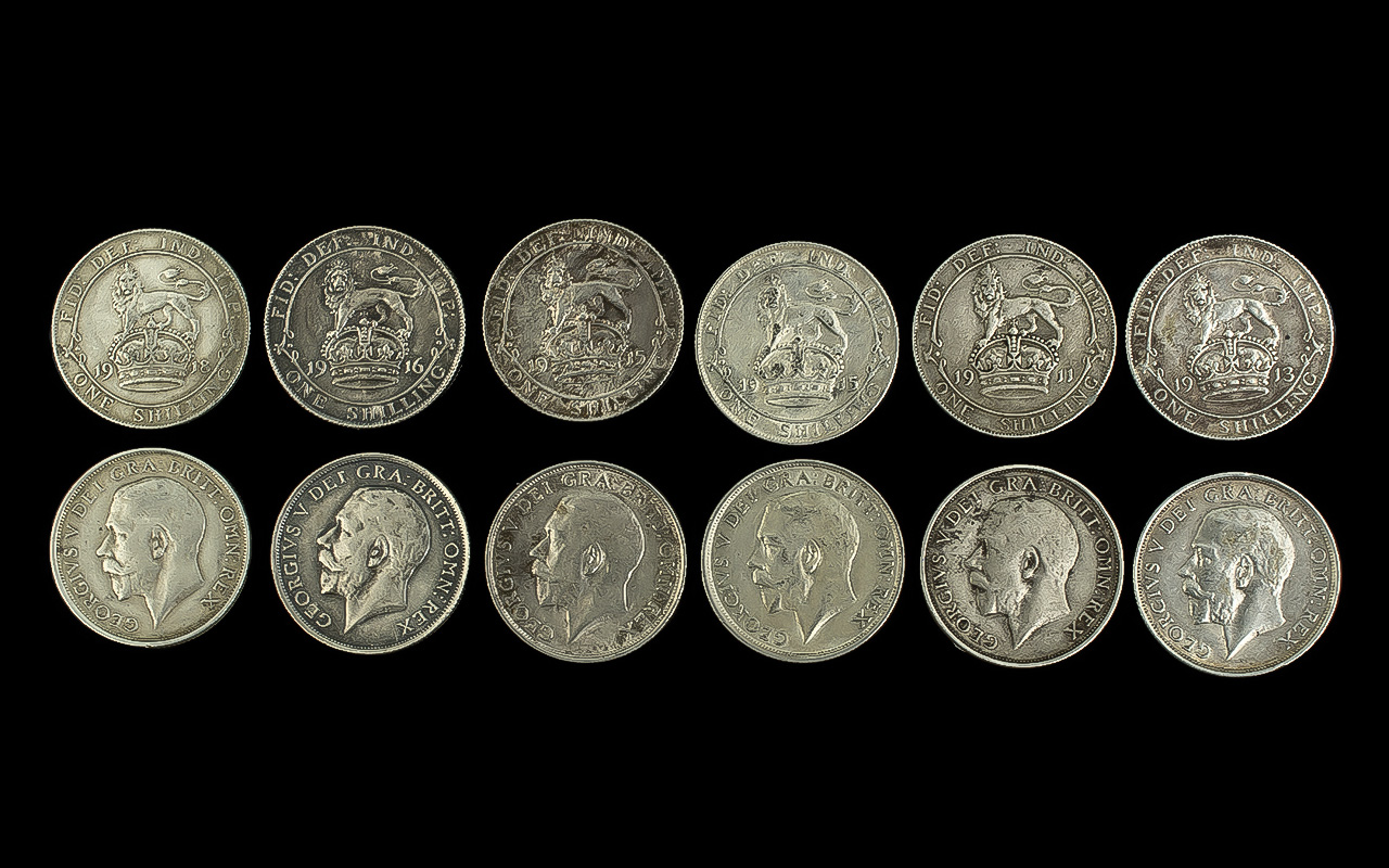 Six George V Silver Shillings, Fine to V.F Condition. Various Dates 1915 x 2, 1918 x 1, 1913 x 1,