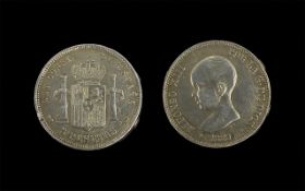 One 5 Pesetas Silver Alfonso VIII Coin - Dated 1889.