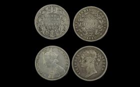 Two Queen Victoria Silver One Rupee Coins, In Good Condition. Dates 1840 & 1900.