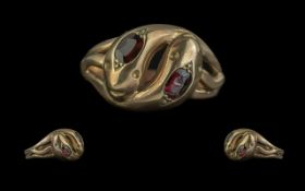 9ct Gold Double Snake Head Ring Set With Garnet Eyes - With Full Hallmark To Shank. Ring Size (V-