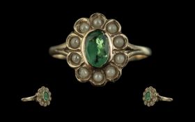 Antique Period - Pleasing Handmade Ladies 18ct Gold - Emerald and Pearl Set Cluster Ring. Hallmark