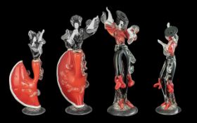 Pair of Murano Glass Flamenco Dancers, in traditional costume, measure 16'' tall.