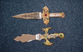 Two Heavy Good Quality Oriental Fantasy Decorative Display Daggers, with dragon and jewelled handle,