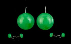 Ladies - Attractive Pair of 9ct White Gold Jade Set Earrings. Marked 9ct to Each Earring. The Jade