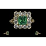 Antique Period Superb Quality 18ct Gold Emerald and Diamond Set Dress Ring - Of Square Form The