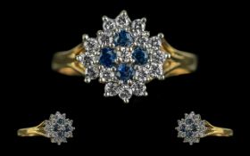 Ladies - Attractive and Exquisite 18ct Gold Sapphire and Diamond Set Cluster Ring. Full Hallmark for