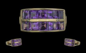 Ladies Attractive 14ct Gold Double Line Amethyst Set Dress Ring. Marked 14ct to Shank. The Princes
