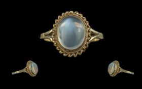 Moonstone Set Ring In Yellow 9ct Gold. Cabochon Cut Moonstone, Good Colour and Quality. Full Clear