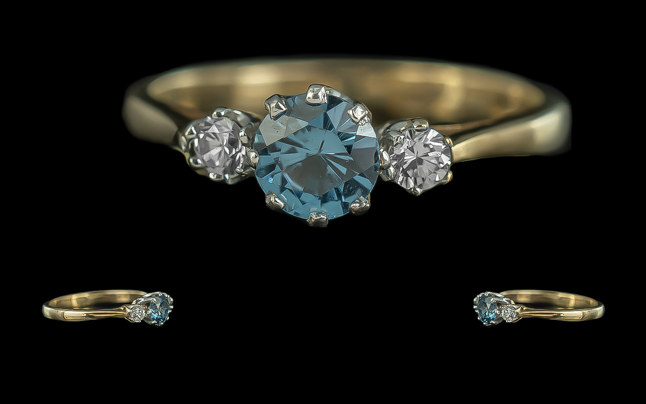 Ladies - Attractive 9ct Gold 3 Stone Diamond and Gem Set Dress Ring. Full Hallmark to Interior of