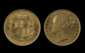 Queen Victoria 22ct Gold Shield Back Young Head Full Sovereign - Date 1872. Cleaned with Many