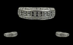 Ladies 9ct Gold Diamond Ring Set with White and Black Diamonds. Contemporary Channel Set Diamond