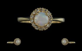 Pretty 9ct Gold Opal and Diamond Set Ring. Ladies Opal and Diamond Ring, Opal of Good Colour and