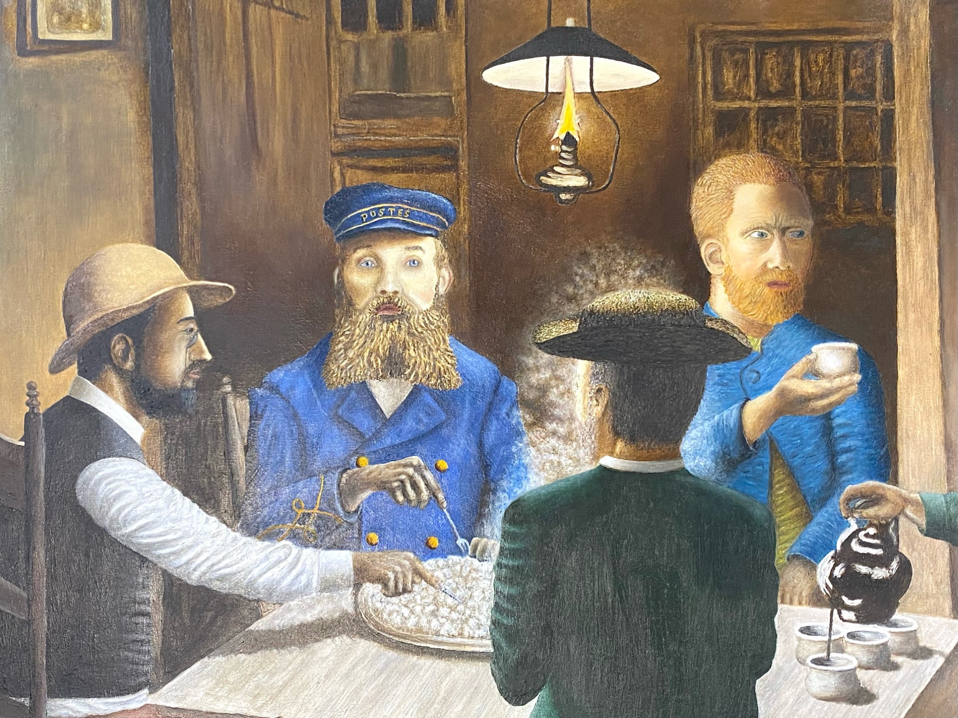 Large Oil on Board by Colin Frederick, depicting gentleman taking tea, framed, measures 28'' x 27''. - Image 2 of 2