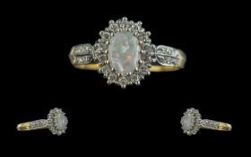 18ct White Gold Attractive Diamond and Opal Set Cluster Ring, Flower head Design. The Central Opal