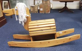 Child's Wooden Hand Made Rocking Horse, Finished In Polished Pine Wood, With a Mop Head. Good