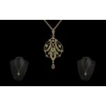 Antique Period - Attractive 9ct Gold Peridot, Seed Pearl and Tear Drop Garnets, Set Pendant with