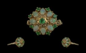 Ladies 14ct Gold Attractive Emerald and Opal Set Cluster Ring, Flower head Setting, Well Designed