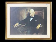 Large Framed Print of Winston Churchill, depicting the great man smoking a cigar. Mounted, framed