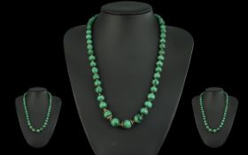 A Vintage Malachite Beaded Necklace with Sterling Silver Lobster Claw Clasp. Marked 925. Length 20