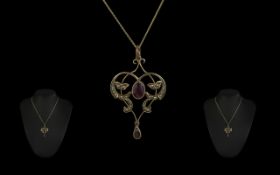 Victorian Period 1837 - 1901 9ct Gold Open Worked Pendant Gem Set and Pearls. Attached to 9ct Gold