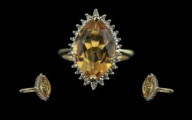 Ladies Attractive Citrine and Diamond Set Ring. Full Hallmark to Interior of Shank. The Marquise