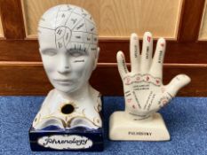 Porcelain Phrenology Head, white with gilt and blue trim, 15'' high, together with a Palmistry