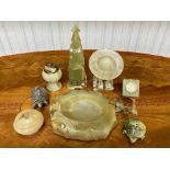 Collection of Onyx & Jadeite Items, comprising a table lighter and ashtray, turtle figures, a lidded