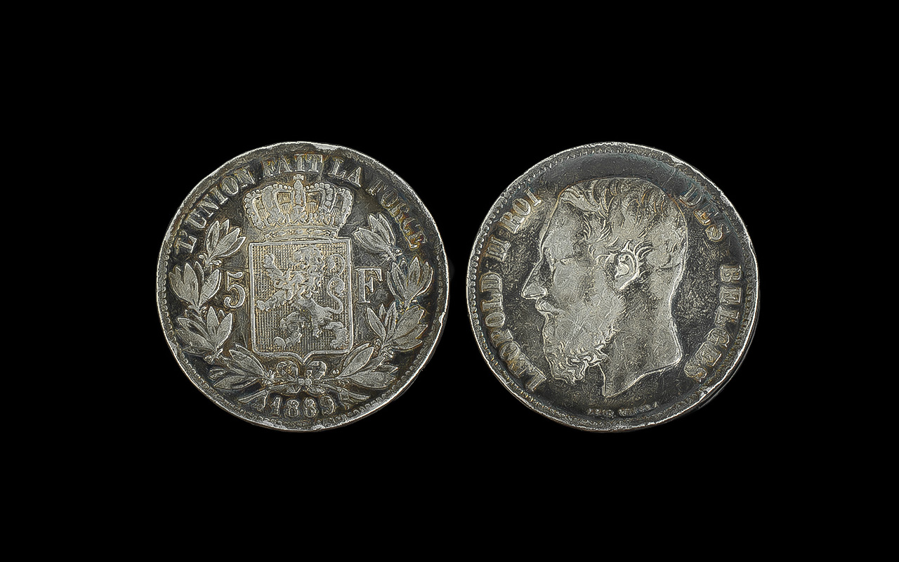 Leopold II Des Belges Silver 5F Coin - Dated 1869.