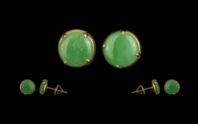 18ct Gold Attractive Pair of Jade Stud Set Earrings. Marked 18ct. Jade Stones of Excellent