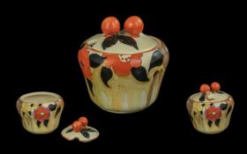 Clarice Cliff 1930's Handpainted Small Preserve Lidded Pot 'Bizzare' Range, 'Lydiat' design/pattern,