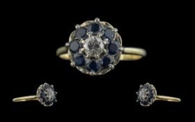 Ladies 9ct Gold Pleasing Diamond and Sapphire Set Ring, Flower head Setting. The Central Round