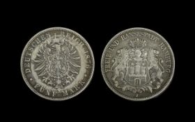 German Deutsches Reich Funf Hamburg Coin - Dated 1876.