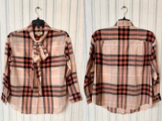 Burberry London Ladies Blouse, long sleeved genuine Burberry salmon pink check blouse with tie bow