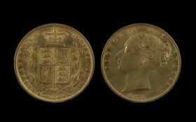 Queen Victoria 22ct Gold - Shield Back / Young Head Full Sovereign - Date 1873. Toned with Surface