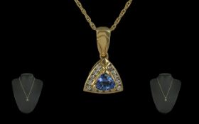 Ladies 18ct Gold Attractive Tanzanite and Diamond Set Pendant of Triangle Shape, With Attached 9ct