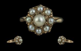Antique Period Attractive 9ct Gold Seed Pearl Set Cluster Ring. Full Hallmark to Interior of Shank.