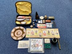 Box of Collectibles, including a set of hairbrush, mirror and clothes brush, wooden inkwell, a boxed