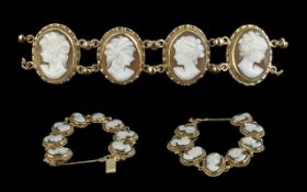 Ladies Attractive 9ct Gold Cameo Set Ornate Bracelet - Comprising 8 Small Portrait Cameos Of Young