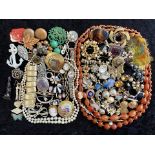 Box of Costume Jewellery to include amber style beads, pearls, brooches, rings, etc