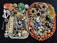 Box of Costume Jewellery to include amber style beads, pearls, brooches, rings, etc