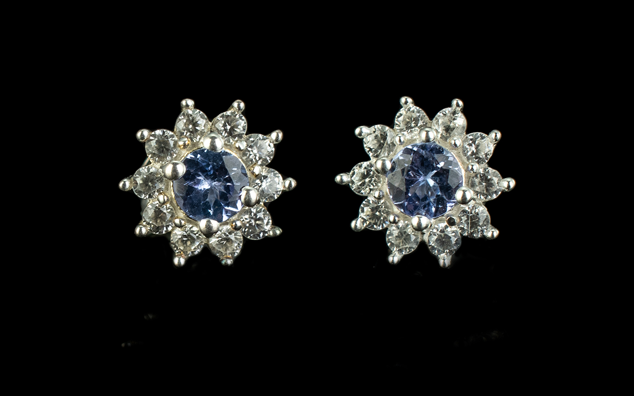 Tanzanite Halo Stud Earrings, each single round cut tanzanite framed by a 'halo' of brilliant,