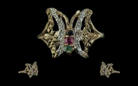 9ct Gold Butterfly Ring, Set with Gem Stones. Pretty Ring Set with Diamonds, Ruby, Emerald and