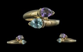 Ladies 9ct Gold Attractive Snake Head Design Gem Set Ring, Set with Amethyst and Aquamarine to