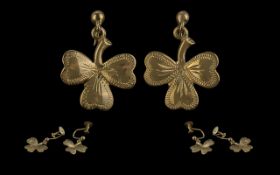 Ladies Attractive Pair of 9ct Gold Earrings. In the Form of 3 Leaf Clovers. Full Hallmark for 9ct.