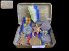 Military Interest, 1914 Christmas Tin Together With a Trio Of WW1 Medals, Awarded To 13743 SJT F