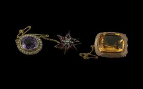 Antique Period - Fine Trio of Gem Set Small Brooches. All In 9ct and 15ct Mounts. Comprises 1/