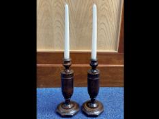 Pair of Early 20th Century Wooden Candlesticks, in polished wood, 12'' high.