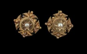 Antique Period 15ct Gold Pair of Ornate Seed Pearl Set Earrings of Small Proportions. Marked 15ct.