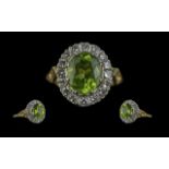 Antique Period - Superb 18ct Gold Peridot and Diamond Set Cluster Ring. Indistinct Mark, Tests